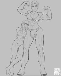 1futa 1girls 2d abs ball_caress big_breasts blizzard_entertainment breasts bulge cleavage d.va dickgirl extrachris-py female futanari larger_futanari looking_at_viewer muscles muscular muscular_futanari overwatch size_difference smaller_female zarya