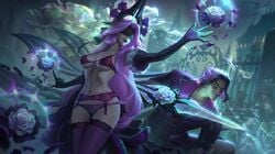 1boy 1girls blindfold bra crystal_rose_series detached_sleeves garter_belt glowing_eyes hair_ornament league_of_legends legs_together lingerie long_hair magic navel panties pink_hair richtofen stockings suit syndra tagme talon_du_couteau thighhighs withered_rose_syndra withered_rose_talon