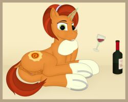 5:4 alcohol animal_genitalia animal_pussy anus ass beverage border crotchboobs cutie_mark equid equine equine_pussy female friendship_is_magic genitals hasbro hi_res hooves horn horse looking_at_viewer lying mammal my_little_pony non-human_areolae on_side pony pussy simple_background small_crotchboobs solo stellar_flare_(mlp) themadsurgeon unicorn wine wine_bottle wine_glass yellow_border