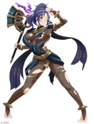 1girls alternate_costume armpits barefoot big_breasts blue_eyes blue_hair bodystocking clenched_teeth convenient_censoring distress fire_emblem fire_emblem:_new_mystery_of_the_emblem fire_emblem_heroes full_bodystocking fully_clothed kris_(female)_(fire_emblem) kris_(fire_emblem) kris_(male)_(plegian)_(fire_emblem) medium_hair nintendo nipple_bulge nipples one_eye_closed ponytail solo solo_female torn_clothes veiled616 wardrobe_malfunction weapon