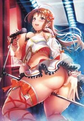 absurdres ahoge anus ass bangs bare_shoulders blush breasts breasts_out brown_hair censored crop_top crotch_rub detached_sleeves female fishnet_legwear fishnets frilled_skirt frills hair_ornament hair_ribbon highres holding holding_microphone kichiroku large_breasts long_hair looking_at_viewer looking_back microphone microphone_stand midriff mosaic_censoring nipples no_panties open_mouth original purple_eyes pussy pussy_juice ribbon single_thighhigh skindentation skirt smile solo star_(symbol) star_hair_ornament strap sweat tears thigh_ribbon thigh_strap thighhighs