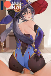 1boy 1girls aqua_eyes back bare_shoulders black_gloves black_hair black_legwear blue_headwear blue_leotard bodystocking breasts censored choker clothed_female_nude_male clothed_sex cowgirl_position detached_sleeves earrings elbow_gloves female genshin_impact gloves gold_trim hat hat_ornament highleg highleg_leotard highres jewelry leotard long_hair looking_at_viewer looking_back male_pov medium_breasts mona_(genshin_impact) muunai nude on_bed open_mouth pantyhose penis pov pussy sex star_(symbol) star_earrings straddling straight twintails vaginal_penetration witch_hat