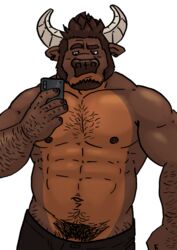 abs anthro beard big_(disambiguation) body_hair bovid bovine bulge cattle clothing coach facial_hair father hairy hairy_arms hi_res horn husky92 male male_only mammal mature_male musclegut muscular muscular_anthro muscular_male navel nipples parent pecs pubes selfie solo underwear