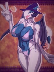 3:4 anthro bikini blue_body blue_eyes breasts clothed clothing fangs female hat headgear headwear hi_res horn legendary_pokémon lugia multicolored_body nintendo open_mouth open_smile partially_clothed pokemon pokemon_(species) q_wed simple_background smile solo swimwear tongue two_tone_body video_games white_body