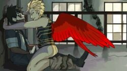 2boys against_wall animated ass bare_arms bare_ass bare_thighs black_hair blonde_hair boku_no_hero_academia boots burn_scar clothed clothing dabi feathered_wings feathers flowerzips gay gif handjob hawks_(my_hero_academia) keigo_takami male/male multiple_boys multiple_males multiple_penises my_hero_academia pants_down penis penis_out scar scars takami_keigo todoroki_touya touya_todoroki wings yaoi