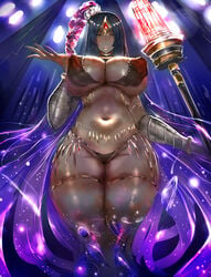 1girls big_thighs bikini black_hair blue_eyes brown_skin curvy curvy_body curvy_female curvy_figure dark-skinned_female dark_skin detailed_background fat_thighs fate/grand_order fate_(series) female galaxy_hair hair_ornament hand_up holding_object jewelry large_breasts long_hair purple_background purple_hair scheherazade_(fate) sole_female thick_thighs voluptuous