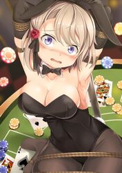 1girls azur_lane blush bunny_girl bunnysuit dirty_blonde_hair gambling pantyhose poker_chip purple_eyes restrained thick_thighs tied_up z23_(azur_lane)