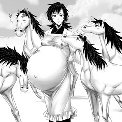 blush breasts chanti demon_slayer family horse interspecies kamado_tanjirou kimetsu_no_yaiba male_pregnancy monochrome nipples pregnant tomioka_giyuu