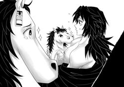 blush breast_sucking breastfeeding chanti demon_slayer horse interspecies kamado_tanjirou kimetsu_no_yaiba milking monochrome nipples tomioka_giyuu