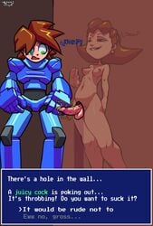 1boy 1futa 2020 balls biting_lip duo futanari glory_hole human intersex male mega_man mega_man_legends mega_man_volnutt nude pale_skin penis presenting small_breasts speeddrop standing text throbbing tron_bonne veiny_penis watermark x-ray