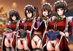 4girls arekishi_raiho big_breasts black_hair black_panties black_pubic_hair blue_panties blurred_background blurry blush blushing blushing_at_viewer boobs bottomless bow bow_panties brown_eyes brown_hair christmas christmas_outfit christmas_tree closed_eye closed_eyes closed_mouth clothes_lift detailed_background dress eyebrows eyebrows_visible_through_hair female female_focus female_only frilled_panties frills fur_trim garter garter_belt garter_straps garters headwear holding holding_panties holding_underwear lace lace_panties large_breasts leggings legwear lifting lifting_clothing lifting_dress long_hair looking_at_viewer maid maid_headdress maid_uniform medium_breasts multiple_girls navel open_eyes open_mouth original original_characters panties pink_panties presenting_panties pubic_hair purple_panties shiny shiny_hair shiny_skin short_hair smile stockings take_your_pick underwear