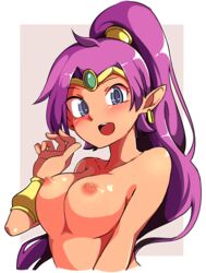 1girls ambiguous_nudity blue_eyes blush bracelet breasts earrings gokuu_(acoloredpencil) highres jewelry looking_at_viewer medium_breasts nipples open_mouth pointy_ears ponytail purple_hair shantae shantae_(character) smooth_skin solo tagme third-party_edit tiara upper_body very_long_hair