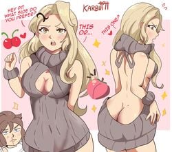 1boy 1girls alternate_breast_size angel artist_name ass_cleavage back_view backless_outfit big_breasts blonde_female blonde_hair blush breasts butt_crack cleavage clothing_cutout duo female goddess karbuitt kid_icarus kid_icarus_uprising male nintendo no_panties nosebleed pit_(kid_icarus) revealing_clothes virgin_killer_sweater viridi