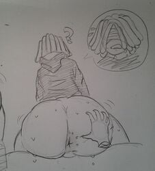 ? alien anonymous_artist anus ass big_butt bodily_fluids bottomless clothed clothing disembodied_hand hair hi_res hoodie huge_butt humanoid image_bubble jacket long_hair male solo speech_bubble spread_anus sweat topwear traditional_media_(artwork)