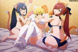 big_breasts cat_ears cat_tail erza_scarlet fairy_tail looking_at_viewer lucy_heartfilia small_breasts stockings tagme wendy_marvell