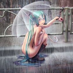 1girls artist_request blue_hair blush bondage boots exhibitionism femsub handcuffed hatsune_miku humiliation naked_footwear nude nude_female purple_eyes raining solo umbrella vocaloid vulnerable wokada