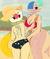 american_flag beach beach_hat beachball breasts countryhumans countryhumans_girl female flawsy flowers_in_hair hat japan japan_(countryhumans) japanese_flag summer swimsuit united_states_of_america united_states_of_america_(countryhumans)