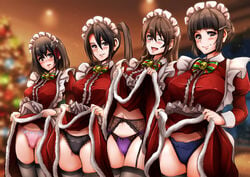 4girls arekishi_raiho big_breasts black_hair black_panties blue_panties blurred_background blurry blush blushing blushing_at_viewer boobs bow bow_panties breasts brown_eyes brown_hair christmas christmas_outfit christmas_tree closed_eye closed_eyes closed_mouth clothes_lift detailed_background dress eyebrows eyebrows_visible_through_hair female female_focus female_only frilled_panties frills garter garter_belt garter_straps garters headwear lace lace_panties large_breasts leggings legwear lifting lifting_clothing lifting_dress long_hair looking_at_viewer maid maid_headdress maid_uniform medium_breasts multiple_girls navel open_eyes open_mouth original original_characters panties pink_panties purple_panties shiny shiny_hair shiny_skin short_hair smile stockings take_your_pick underwear