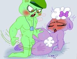 1girls ass ass_grab ass_slap bear blush female flippy flippy_(htf) fliqpy furry green_fur hand_print happy_tree_friends lamb lammy_(htf) lilli_villa male muscles muscular muscular_male neckwear purple_fur sheep slap_mark spanking straight vaginal vaginal_penetration white_hair