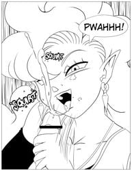 1boy 1girls after_fellatio after_oral bald black_and_white blowjob censor_bar clothed comic cum cum_on_face cum_on_tongue dragon_ball dragon_ball_z enessef-uu english_text fellatio female female_focus femdom handjob krillin kuririn long_hair male offscreen_character oral penis zangya