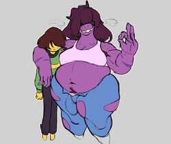 anthro armpit_hair big_breasts bodily_fluids body_hair bottomwear breasts brown_hair bulge carrying_partner cleavage clothed clothing crop_top deep_navel deltarune duo female freckles genital_outline gesture gnausea gynomorph hair hair_over_eyes hi_res huge_thighs human intersex intersex/male kris_(deltarune) larger_anthro larger_gynomorph larger_intersex male mammal midriff musclegut navel non-mammal_breasts obese obese_anthro obese_gynomorph obese_intersex obscured_eyes ok_sign open_bottomwear open_clothing open_pants overbite overweight overweight_anthro overweight_female overweight_gynomorph overweight_intersex pants penis_outline pubes purple_body purple_scales scales scar shirt size_difference smaller_human smaller_male smile susie_(deltarune) sweat thick_thighs topwear underwear video_games wide_hips yellow_body yellow_skin