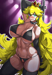 1girls big_breasts bikini black_bikini black_gloves blonde_hair blue_eyes crotchless_bikini dragra elbow_gloves female female_focus female_only fit_female gloves indoors long_hair looking_at_viewer mario_(series) nintendo open_mouth pole pole_dancing princess_peach pussy smile solo spiked_collar standing stripper stripper_pole swimsuit tagme thighhighs thighs very_long_hair