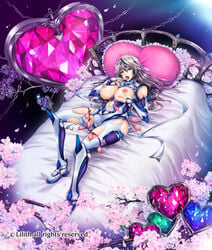 1futa absurdres blue_eyes bodysuit breasts bulge chijo clothed clothing condom_accessories condom_belt cum detailed_background female female_pervert filled_condom framed_breasts futa_only futanari heart highres human kuroda_tomoe large_breasts lilith-soft long_hair looking_at_viewer lying on_back on_bed open_mouth pale_skin partially_clothed pervert platinum_blonde_hair sample solo taimanin_rpgx tana_(garyuh-chitai) torn_clothes used_condom