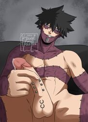 1boy artist_name bare_arms bare_chest bare_midriff bare_shoulders black_hair blue_eyes burn_scar cum dabi grin male male_only masturbation my_hero_academia nude nude_male penis penis_out pierced_genitals piercing piercings rouge_heichou scar scars solo solo_male todoroki_touya touya_todoroki watermark