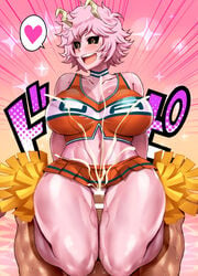 1boy 1girls big_breasts black_sclera brown_eyes cheerleader cheerleader_uniform cum cum_on_body cumshot dark-skinned_male ejaculation haikawa_hemlen horns looking_to_the_side mina_ashido my_hero_academia penis pink_hair pink_skin short_hair skirt thigh_sex thighs_grab unseen_male_face wide_hips wide_thighs