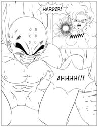 1boy 1girls angry bald black_and_white comic dragon_ball dragon_ball_z enessef-uu english_text female femdom krillin kuririn long_hair male muscular_male penis race_of_hera sex straight threatening vaginal_sex zangya