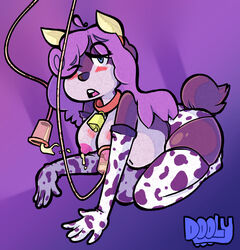 ahoge animal_print anthro big_breasts blue_eyes blush bodily_fluids breast_milking breasts canid canine canis cow_girl cow_print cow_print_lingerie cowbell domestic_dog doolyboobieboy elbow_gloves female furry gloves hair hi_res lactating lactation machine mammal milk milking_machine purple_hair shy slightly_chubby solo stockings tagme tail