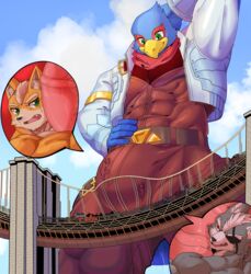 absurd_res anthro avian bird bridge bulge canid canine canis car clothed clothing falco_lombardi fox fox_mccloud genitals group hi_res internal looming low-angle_view macro male male_only mammal mayar micro nintendo penis star_fox vehicle video_games wolf wolf_o'donnell worship