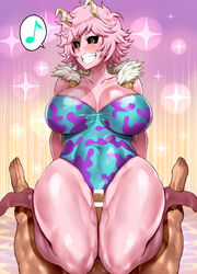 1boy 1girls big_breasts black_sclera bodysuit brown_eyes dark-skinned_male haikawa_hemlen hero_outfit_(mha) horns leotard looking_to_the_side mina_ashido my_hero_academia pink_hair pink_skin short_hair thigh_sex thighs_grab unseen_male_face wide_hips wide_thighs