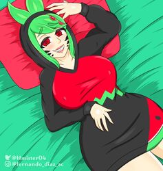 1girls bed black_dress blush breasts erect_nipples facial_markings female female_only green_hair hmister04 hoodie large_breasts laying_on_bed lipstick looking_at_viewer melony_(smg4) pillow red_eyes short_hair smg4 smile sweater_dress teeth wide_hips