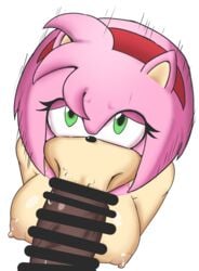 amy_rose anthro black_nose blowjob breasts censored dark-skinned_male duo eyelashes fellatio female hair headband hedgehog male nipples penis pink_body pink_hair pubes robo_(artist) sega small_breasts sonic_(series) stray_pubic_hair