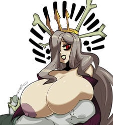 1boy 1girls anon areolae bone breast_smother breast_sucking breasts cradling cum dress face_to_breasts gerard_burn grey_hair handjob highres huge_breasts lactation lap_pillow long_hair milf nipples nursing_handjob pale_skin purple_dress queen_nancy red_eyes skullgirls smile undead unseen_male_face