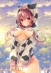 1girls areola_slip areolae aroused bandaid bandaids_on_nipples blush breasts cow_print embarrassed erect_nipples exposed_ass female hinako_note hood hoodie hoodie_only hoodie_pull lactation large_breasts long_hair march-bunny nervous_smile nipples no_bra nopan official_art pasties puffy_areola puffy_nipples sakuragi_hinako smile sweat thick_thighs thighs tied_hair twintails unzipped wide_hips year_of_the_ox