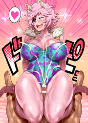 1boy 1girls big_breasts black_sclera bodysuit brown_eyes cum_on_body cum_on_closed_eye cum_on_face cumshot dark-skinned_male haikawa_hemlen hero_outfit_(mha) horns leotard looking_to_the_side mina_ashido my_hero_academia one_eye_closed pink_hair pink_skin short_hair thigh_sex thighs_grab unseen_male_face wide_hips wide_thighs