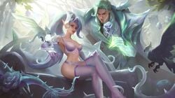 1boy 1girls bird bra crystal_rose_series crystal_rose_swain crystal_rose_zyra elbow_gloves female glowing_hand green_hair jericho_swain league_of_legends lingerie long_hair male panties pointed_ears richtofen shoulder_pads sitting stockings tagme thighhighs thorns zyra