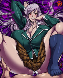 1boy 1girls akashiya_moka alternate_persona clothed clothed_female_nude_male disembodied_hand fangs huge_ass huge_breasts hyper_breasts imminent_sex inner_moka osmar-shotgun red_eyes rosario+vampire school_uniform seductive_smile silver_hair vampire