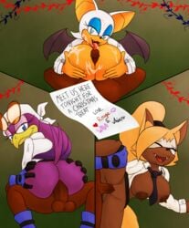 3girls anthro ass beak bow_tie breasts brown_body brown_fur christmas closed_eyes cum eyelashes eyeshadow fangs female gloves goggles gregthelion idw_comics idw_publishing lipstick makeup male mobian_(species) nipples purple_body rouge_the_bat sega sex sonic_(series) sonic_the_hedgehog_(comics) sonic_the_hedgehog_(idw) sonic_the_hedgehog_(series) straight tail_feathers tan_body tongue tongue_out wave_the_swallow whisper_the_wolf white_body yellow_body yellow_fur