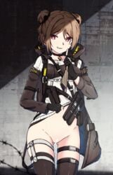 absurdres bar_censor breasts censored choker coat collarbone double_bun female girls'_frontline gloves grin groin highres light_brown_hair medium_breasts navel no_panties p90_(girls_frontline) partially_fingerless_gloves pussy red_eyes shirt_lift short_hair skindentation smile solo thigh_strap thighhighs xandier59