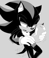 sonic_(series) sonic_the_hedgehog_(series) shadow_the_hedgehog 1boy dreamjasmine furry furry_only male_only solo masturbation onahole sex_toy genital_slit knot knotted_penis mobian_(species) tailwag wagging_tail self_upload greyscale monochrome male_solo black_fur gloves cuffs_(clothing) animal_ears