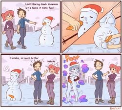 1boy 1futa 1girls carrot comic english_text female funny futa_on_male futanari intersex male red7cat santa_hat snowman snowwoman text whimp winter