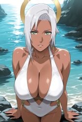1girls after_bath after_swimming ai_generated alternate_hairstyle athletic athletic_female bare_chest bare_legs bare_midriff bare_shoulders big_breasts blush breasts brown_skin busty cleavage clouds collarbone curvaceous curvy curvy_body curvy_female curvy_figure dutch_angle feet_out_of_frame female female_only flirting flirting_look front_view hair_down halo high_resolution highleg highleg_bikini hourglass_figure hourglass_figured_female light-skinned_female light_skin long_hair loose_hair mabui mature mature_female milf naruto naruto_(series) naruto_shippuden navel ocean one-piece_swimsuit outdoors pinup revealing_clothes revealing_swimsuit seaside seducing seduction seductive seductive_body seductive_eyes seductive_gaze seductive_look seductive_mouth seductive_pose seductive_smile sitting sitting_on_floor smile solo string_bikini swimsuit teal_eyes toned toned_female trj viewed_from_above voluptuous water wet wet_body wet_skin white_hair wide_hips