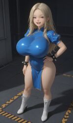 1girl adult_female aged_up ai_generated blonde_female blonde_hair blue_eyes china_dress diana_pragmata huge_ass huge_breasts long_hair parody pragmata solo_female