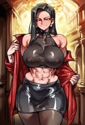 1girls abs ai_generated bare_thighs big_breasts black_eyes black_hair clothed clothing color earrings farggothdur female female_focus female_only gwen_(trogiai) hi_res jacket jacket_open large_breasts light-skinned_female light_skin long_hair looking_at_viewer pantyhose pearl_earrings smug smug_face solo solo_female standing thick_thighs topwear undressing