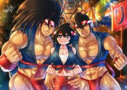 1girls 2021 2boys 2boys1girl abs absurd_res artist_signature bandai_namco bangs beefy biceps big_bulge big_eyes big_hands big_hips black_eyes breasts broad_shoulders brown_hair bulge bulge_through_clothing collarbone crossover daddy dated dilf eyeshadow female festival fundoshi genital_outline grin hachimaki hand_on_another's_leg haohmaru haoumaru happi_(clothing) headband height_difference hi_res hunk japanese_clothes laugh long_hair male manly mature_male maxi_(soulcalibur) mofnyan moobs muscles muscular muscular_arms muscular_legs muscular_male muscular_neck muscular_thighs narrowed_eyes no_body_hair no_nipples original_character outdoors pecs pose posing quadriceps red_fundoshi rokushaku_fundoshi samurai_shodown sarashi six_pack size_difference skin_tone_difference smile snk soul_calibur standing taking_picture tough_guy triceps very_high_resolution very_long_hair