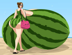 zdemian 1girls female female_only female_focus beach sunglasses lips watermelon_bikini breasts large_breasts hyper colossal_breasts hyper_breasts wide_hips hips thick_thighs thighs large_ass ass hyper_ass flip_flops brown_hair hair_bun purse