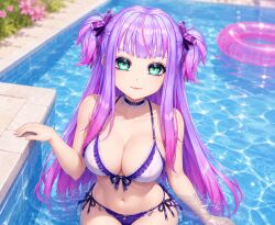 ai_generated green_eyes large_breasts long_hair pool purple_hair swimsuit umbrellaela